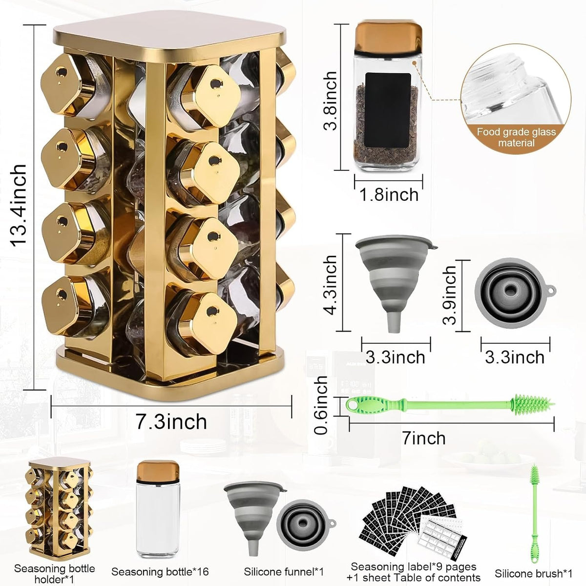 Stainless Steel Rotating Spice Rack with 16 Glass Jars