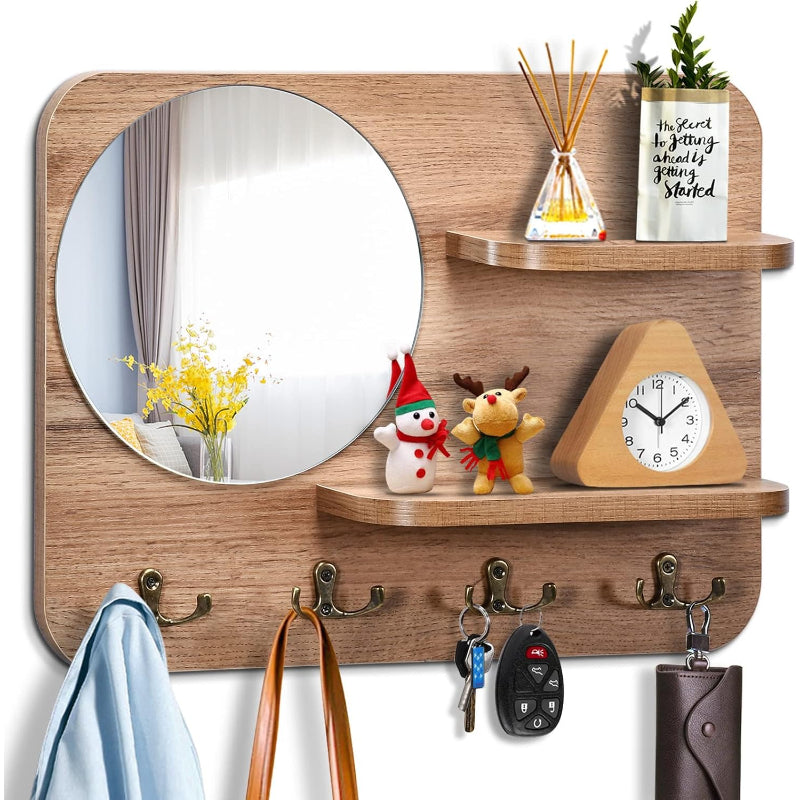 Wooden Key Rack with Mirror & Shelf