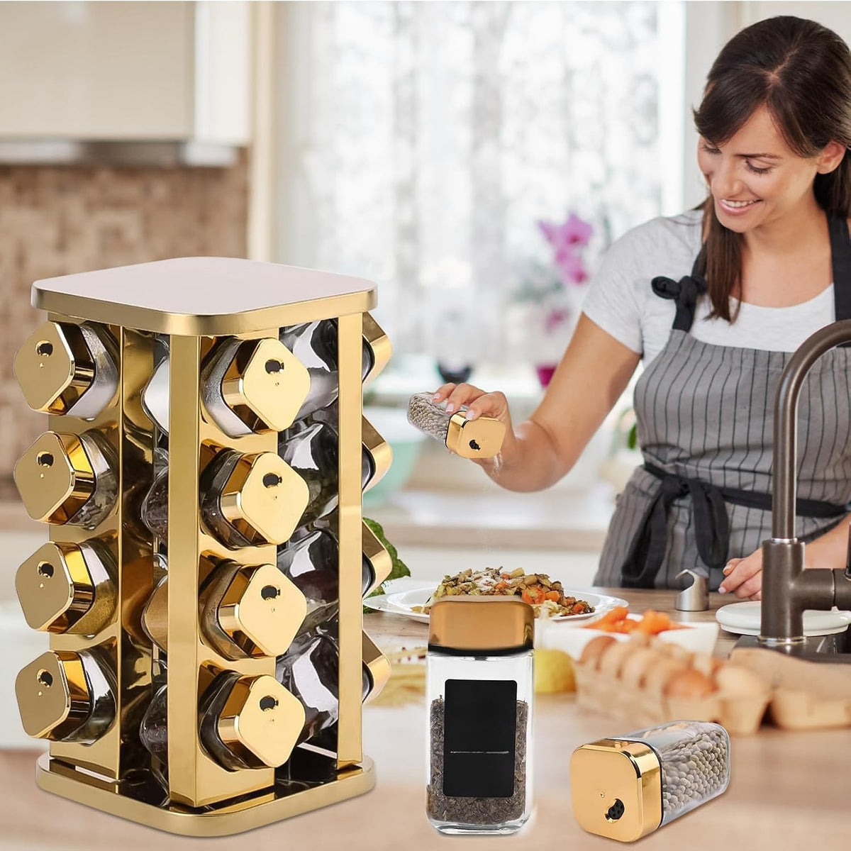 Stainless Steel Rotating Spice Rack with 16 Glass Jars