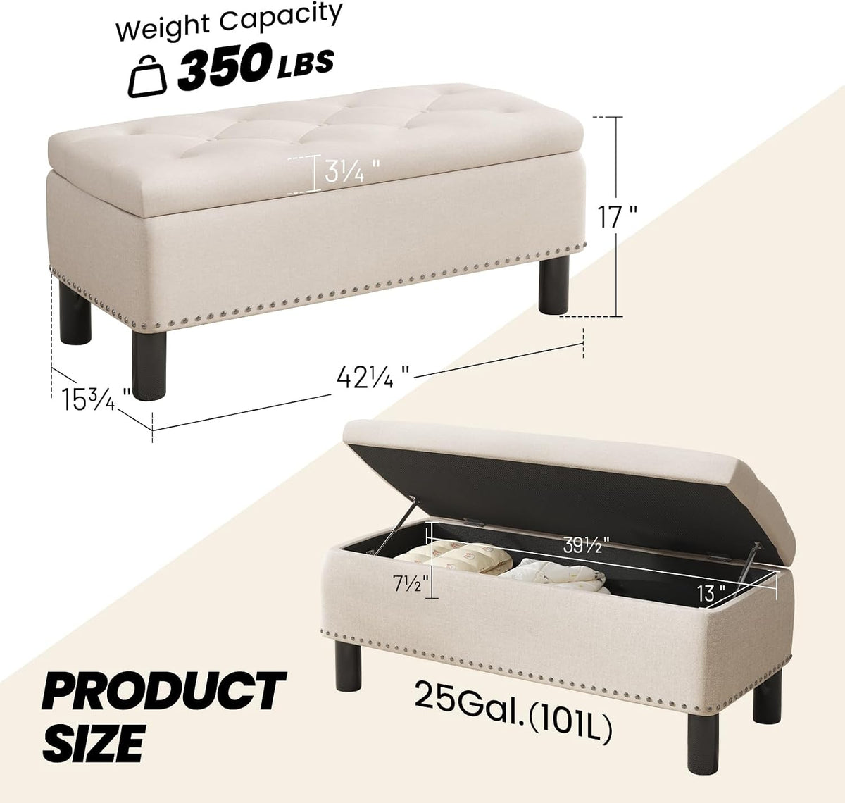 Beige Linen Large Storage Ottoman
