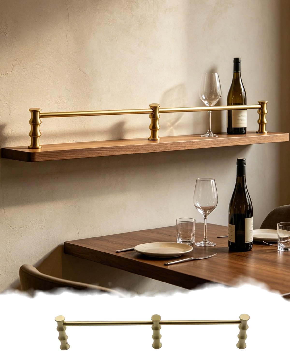 Brand Wood Floating Shelf with Gold Guard Rail