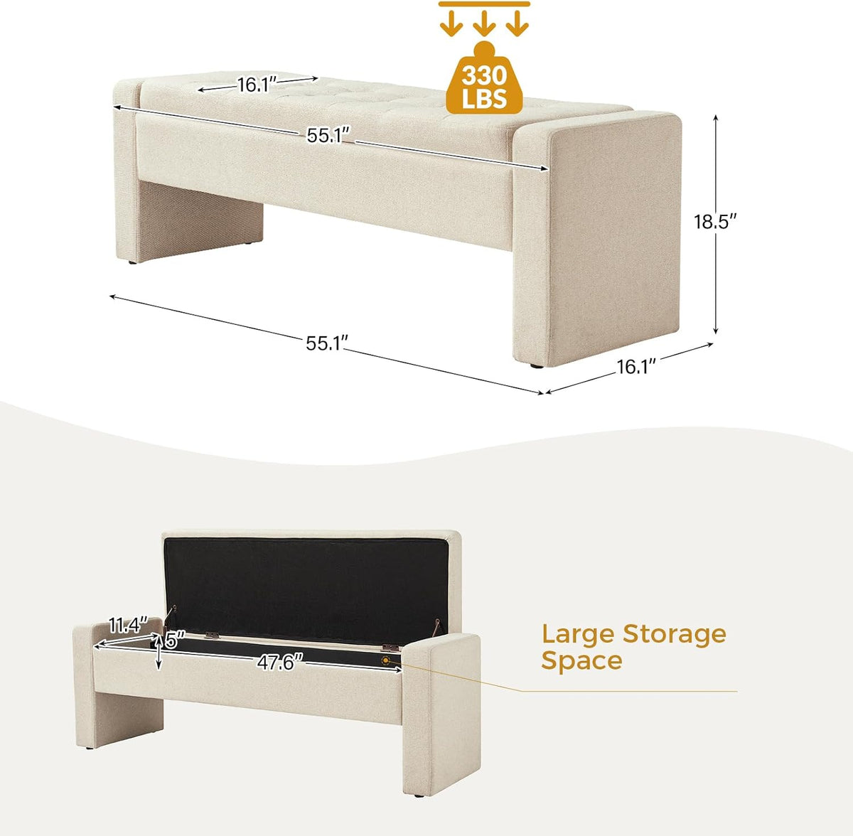 55" Linen Tufted Upholstered Storage Bench