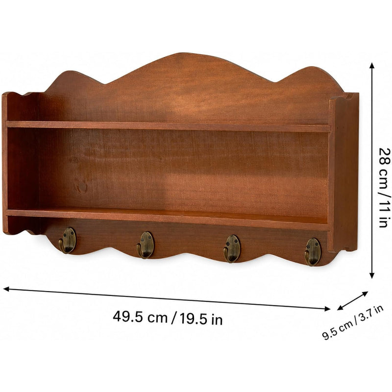 Vintage Solid Wood Wall Shelf with Metal Hooks
