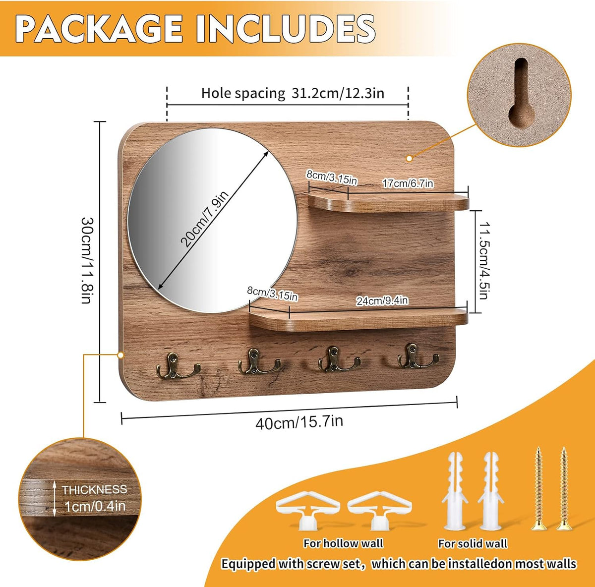 Wooden Key Rack with Mirror & Shelf
