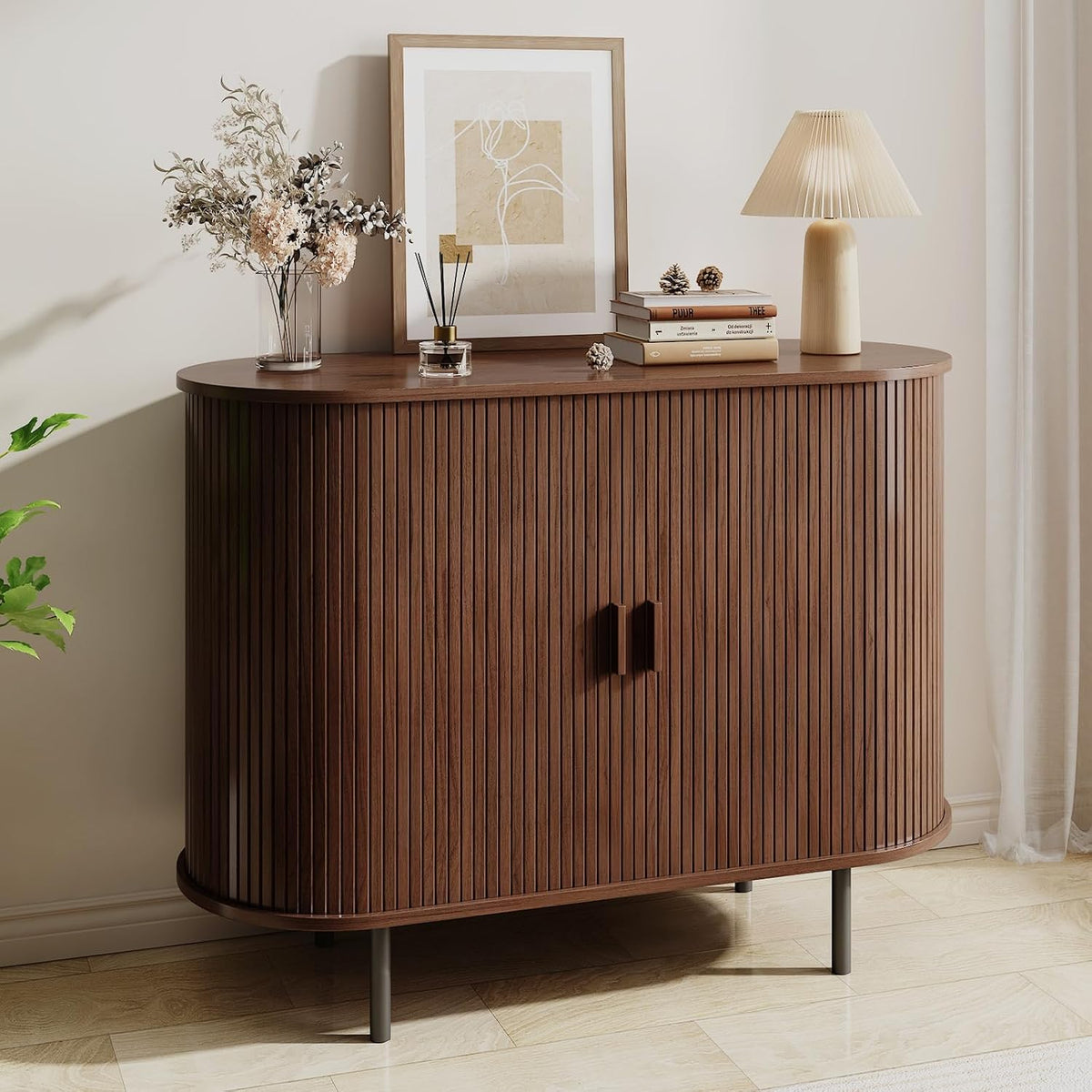 40" Walnut Fluted Sliding‑Door Sideboard Cabinet