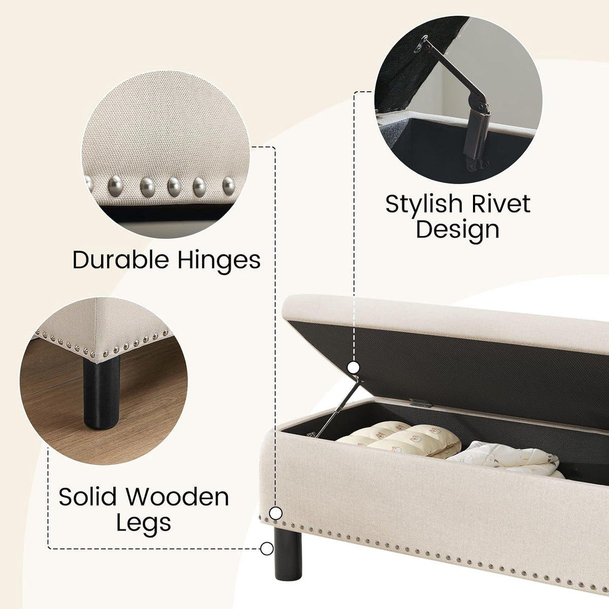 Beige Linen Large Storage Ottoman