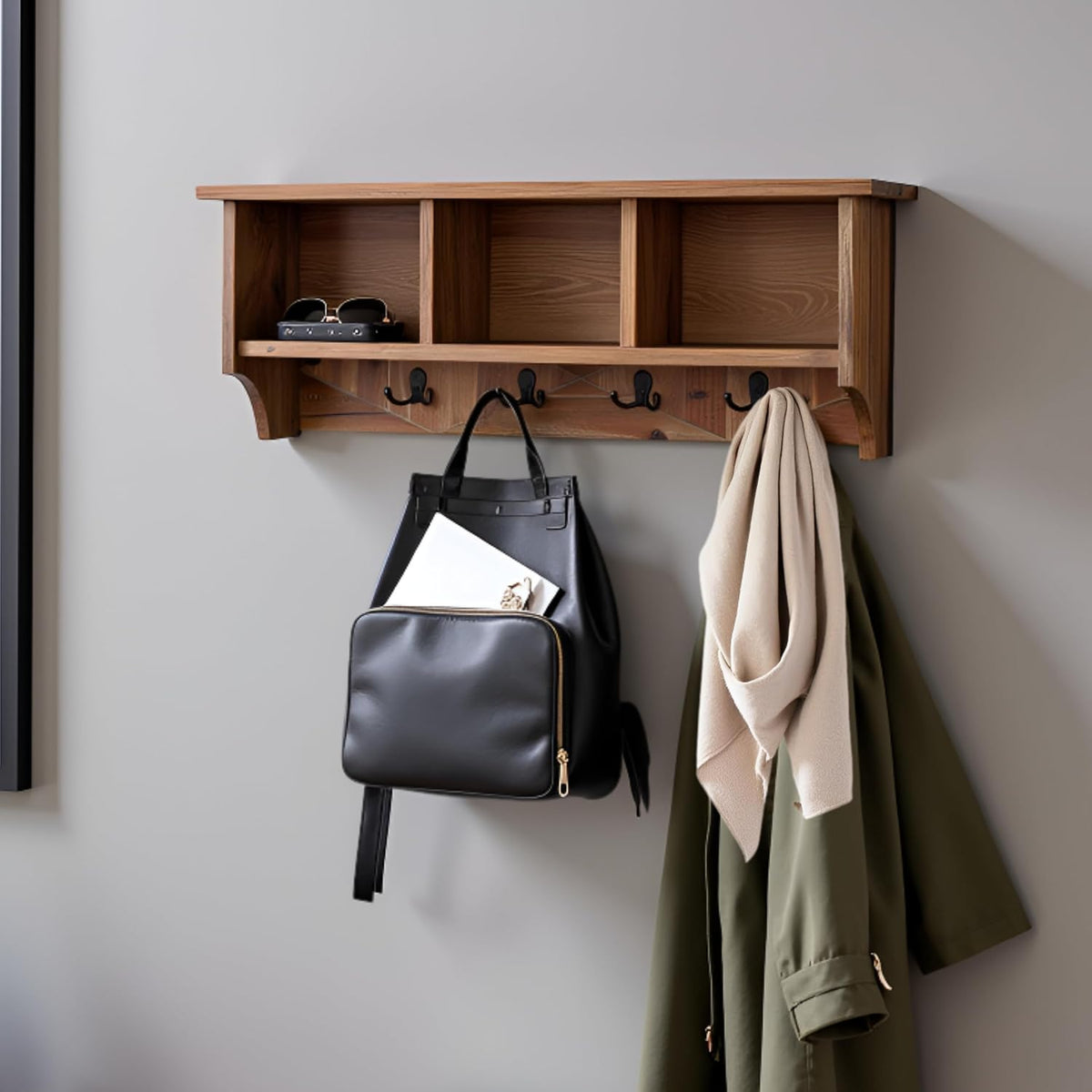 Solid Wood Coat Rack with Cubbies & Hooks