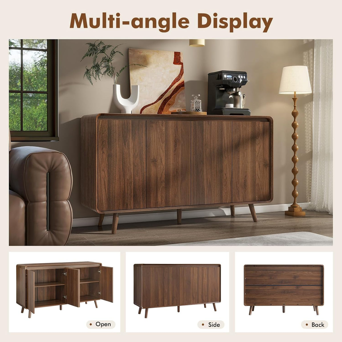 55" Walnut Retro Sideboard Buffet Cabinet