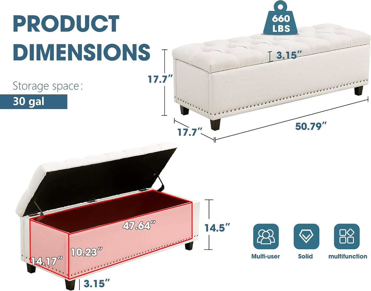 51" Beige Tufted Storage Ottoman Bench