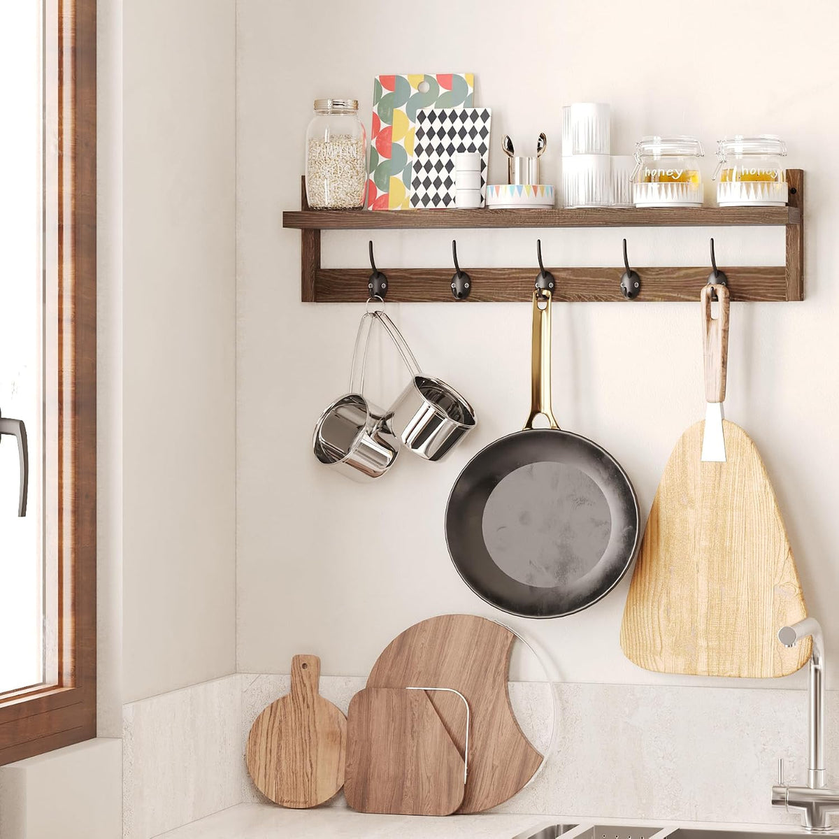 Wood Wall Coat Rack Shelf with 5 Hooks