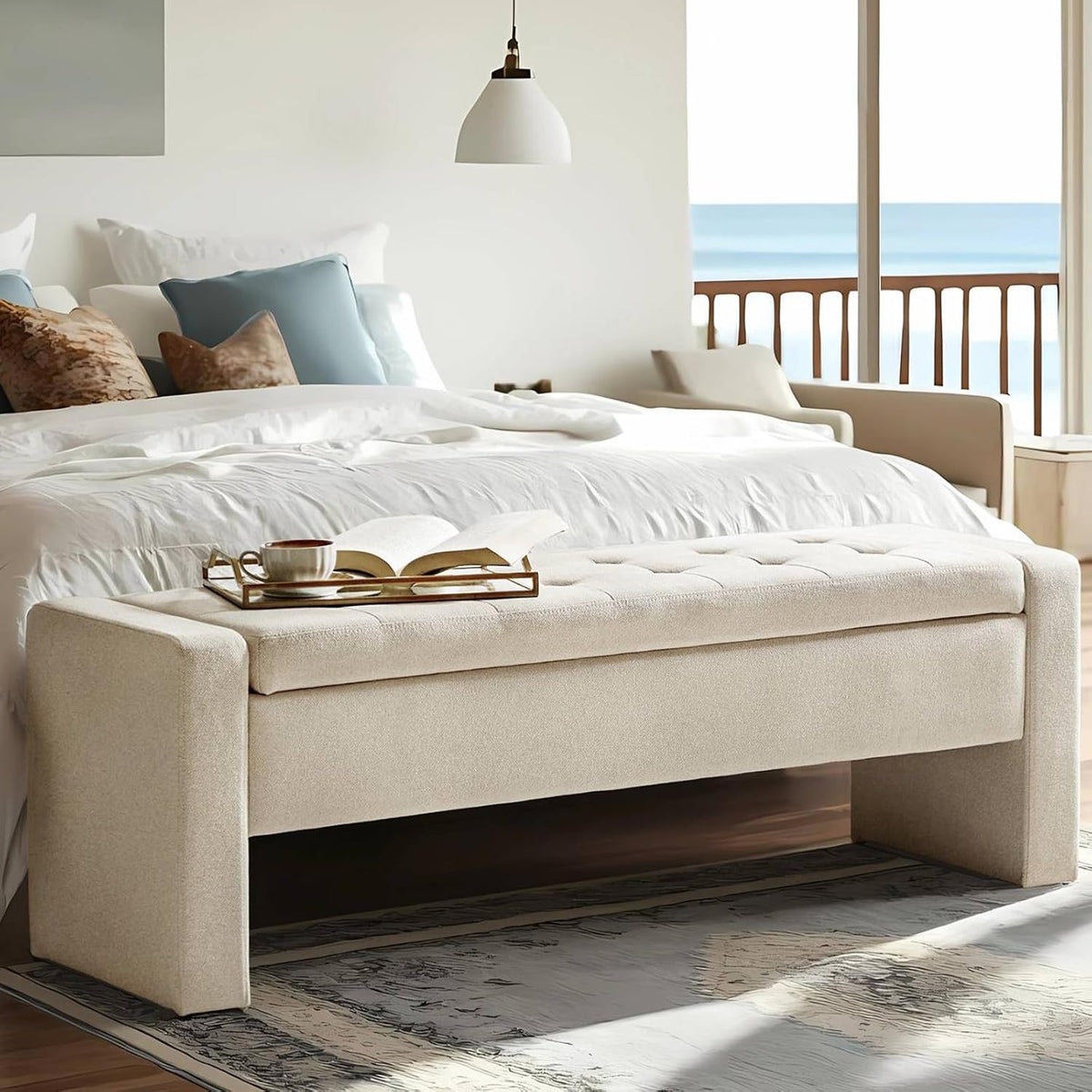 55" Linen Tufted Upholstered Storage Bench
