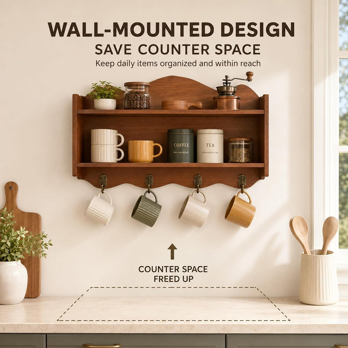 Vintage Solid Wood Wall Shelf with Metal Hooks