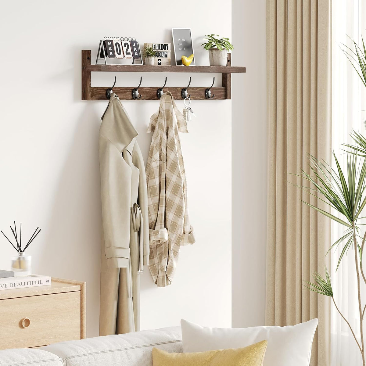 Wood Wall Coat Rack Shelf with 5 Hooks