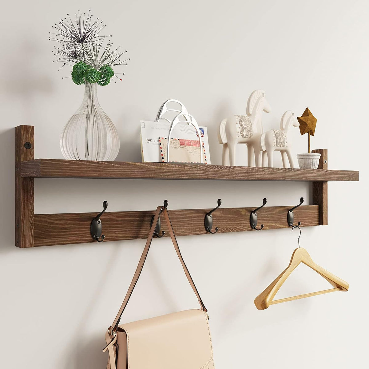 Wood Wall Coat Rack Shelf with 5 Hooks