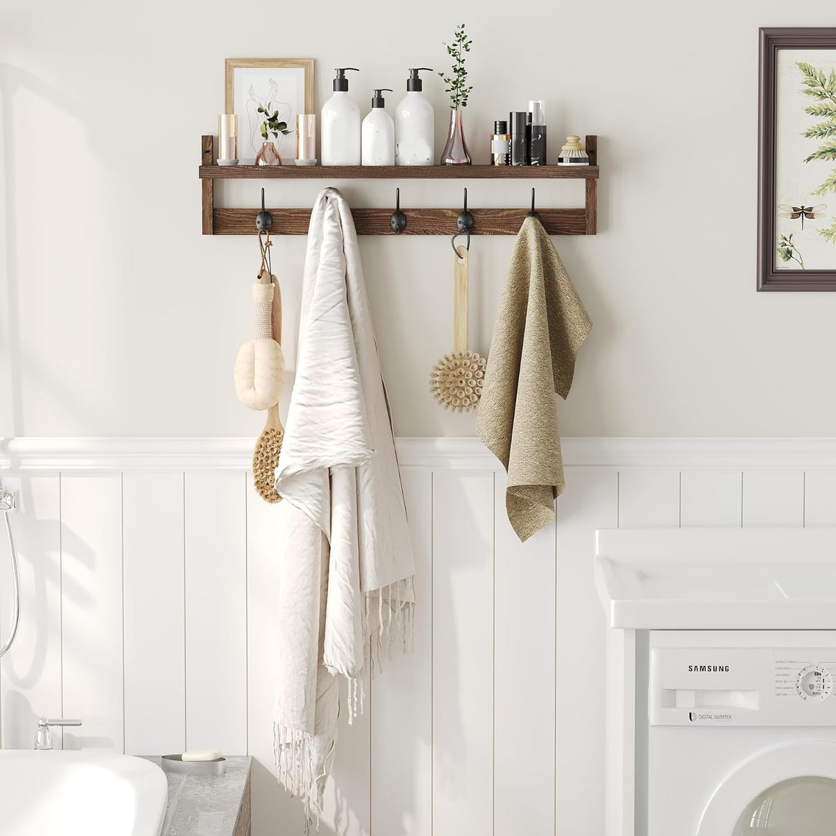 Wood Wall Coat Rack Shelf with 5 Hooks
