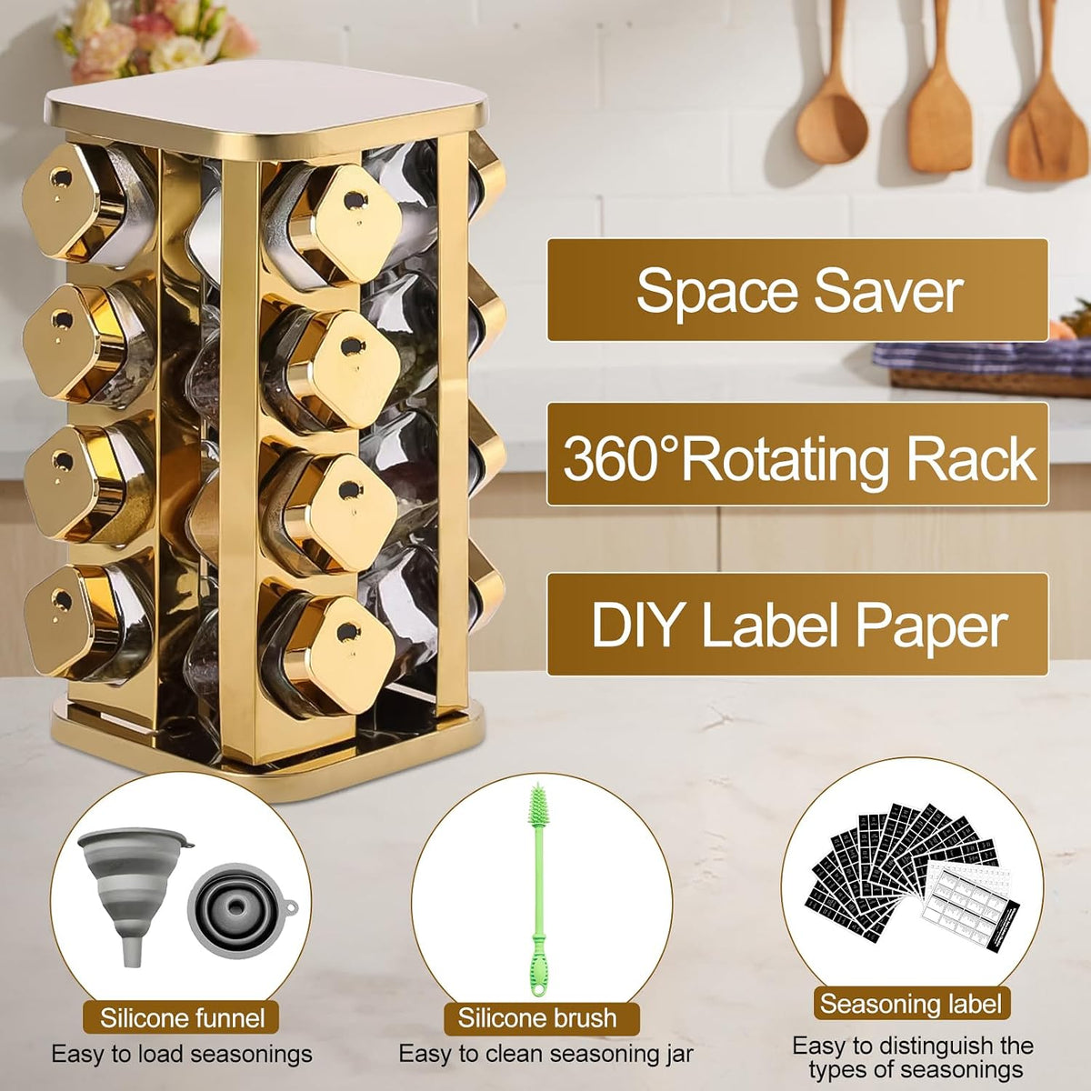 Stainless Steel Rotating Spice Rack with 16 Glass Jars