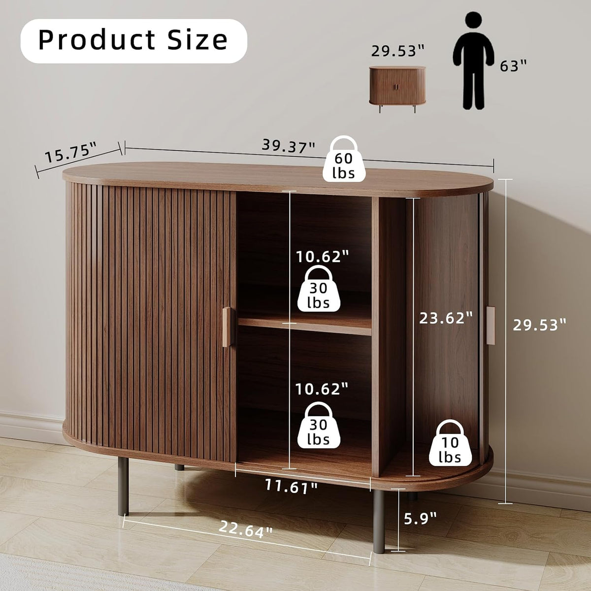 40" Walnut Fluted Sliding‑Door Sideboard Cabinet