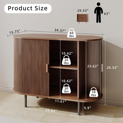 40" Walnut Fluted Sliding‑Door Sideboard Cabinet