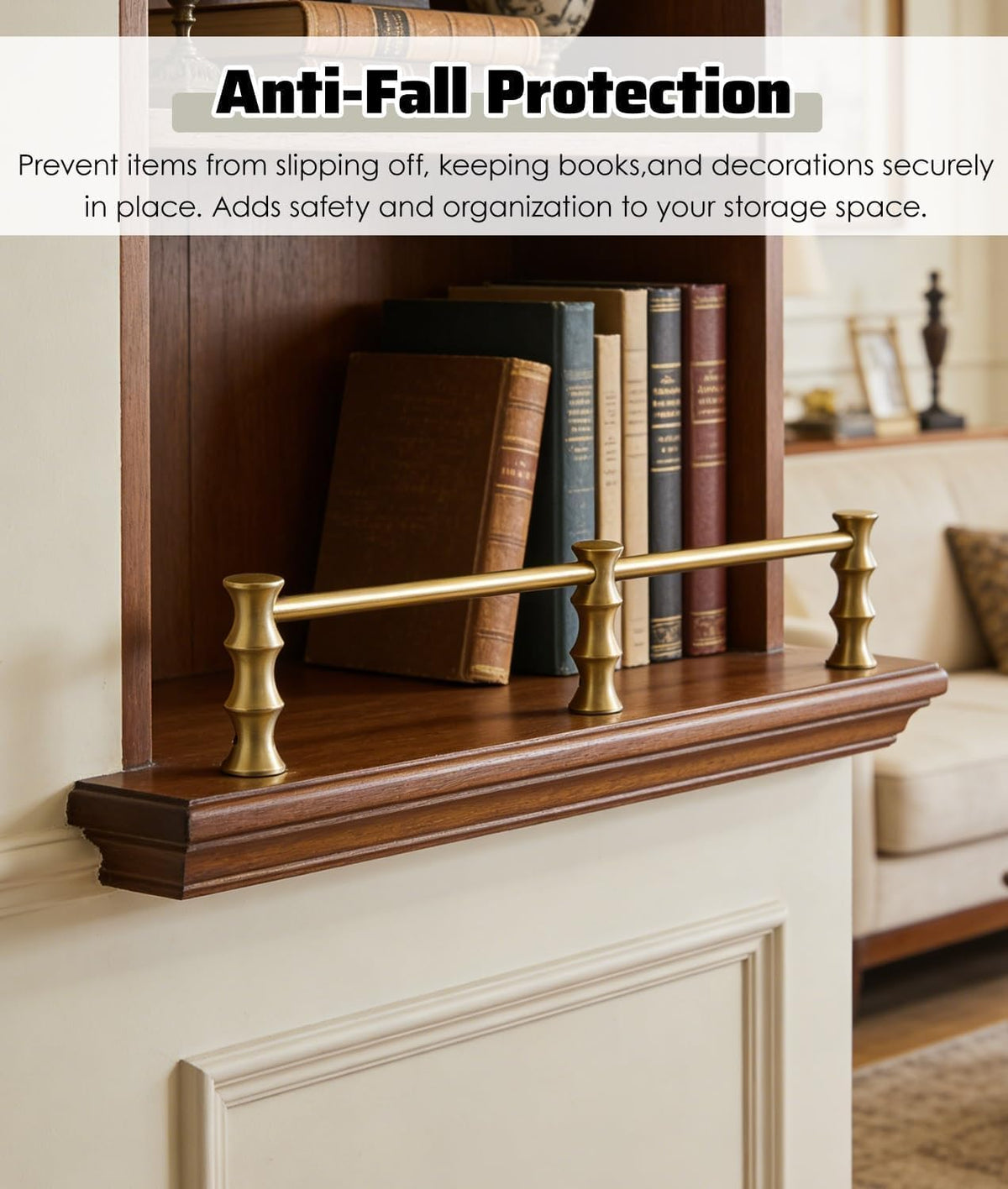 Brand Wood Floating Shelf with Gold Guard Rail
