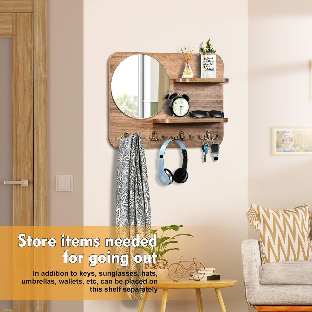 Wooden Key Rack with Mirror & Shelf