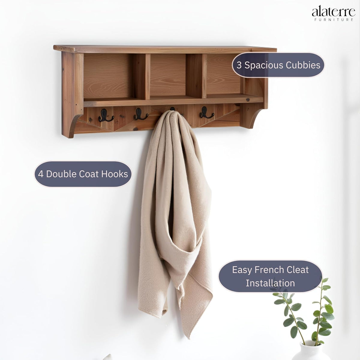 Solid Wood Coat Rack with Cubbies & Hooks
