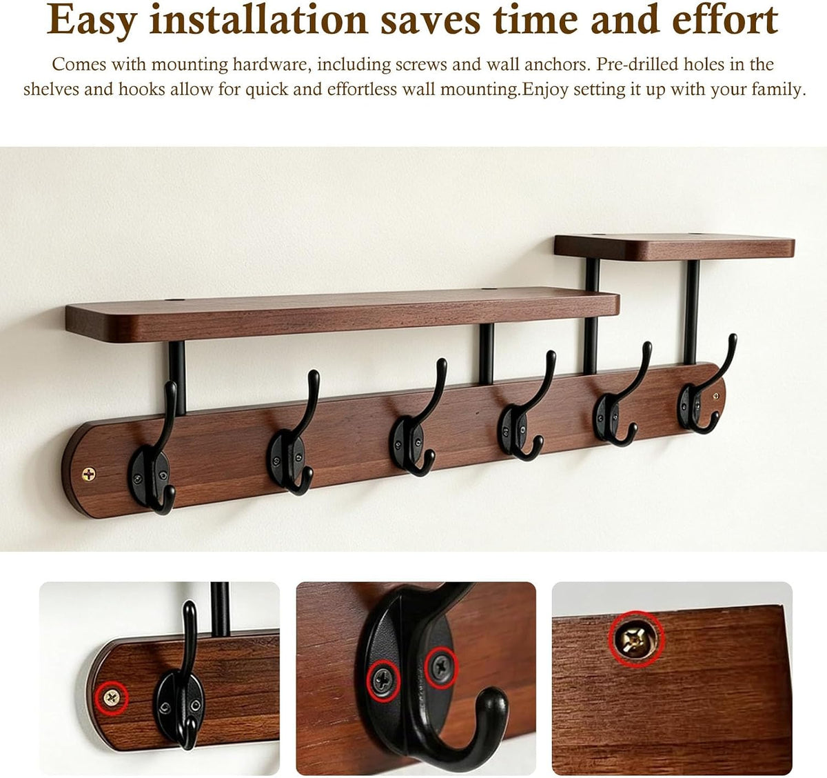 Wall Mount Coat Rack with Shelf, Rustic Brown