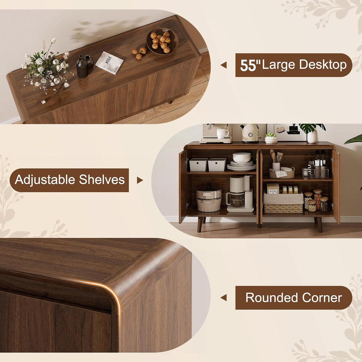 55" Walnut Retro Sideboard Buffet Cabinet