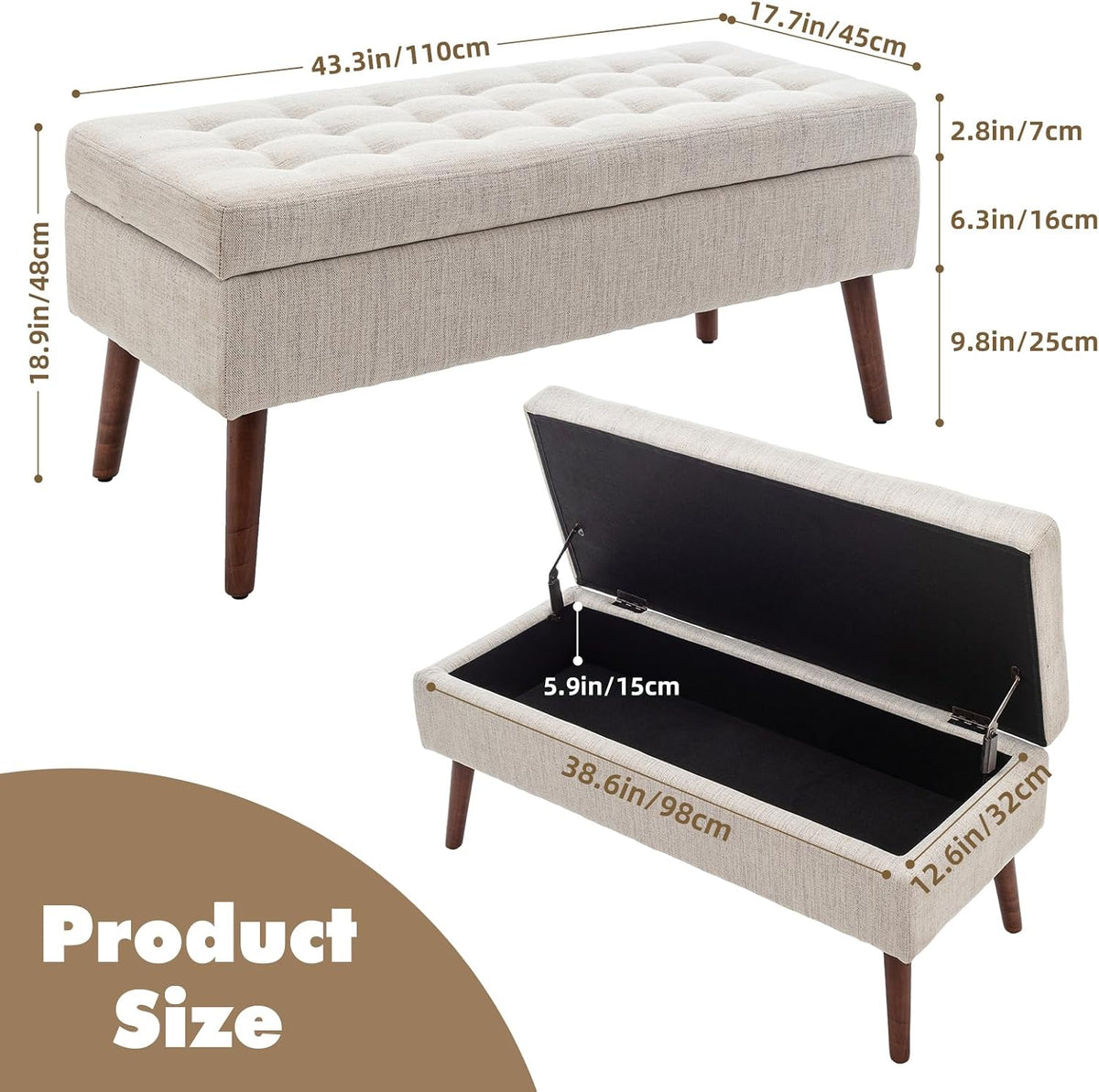 43.3" Beige Linen Tufted Storage Ottoman Bench