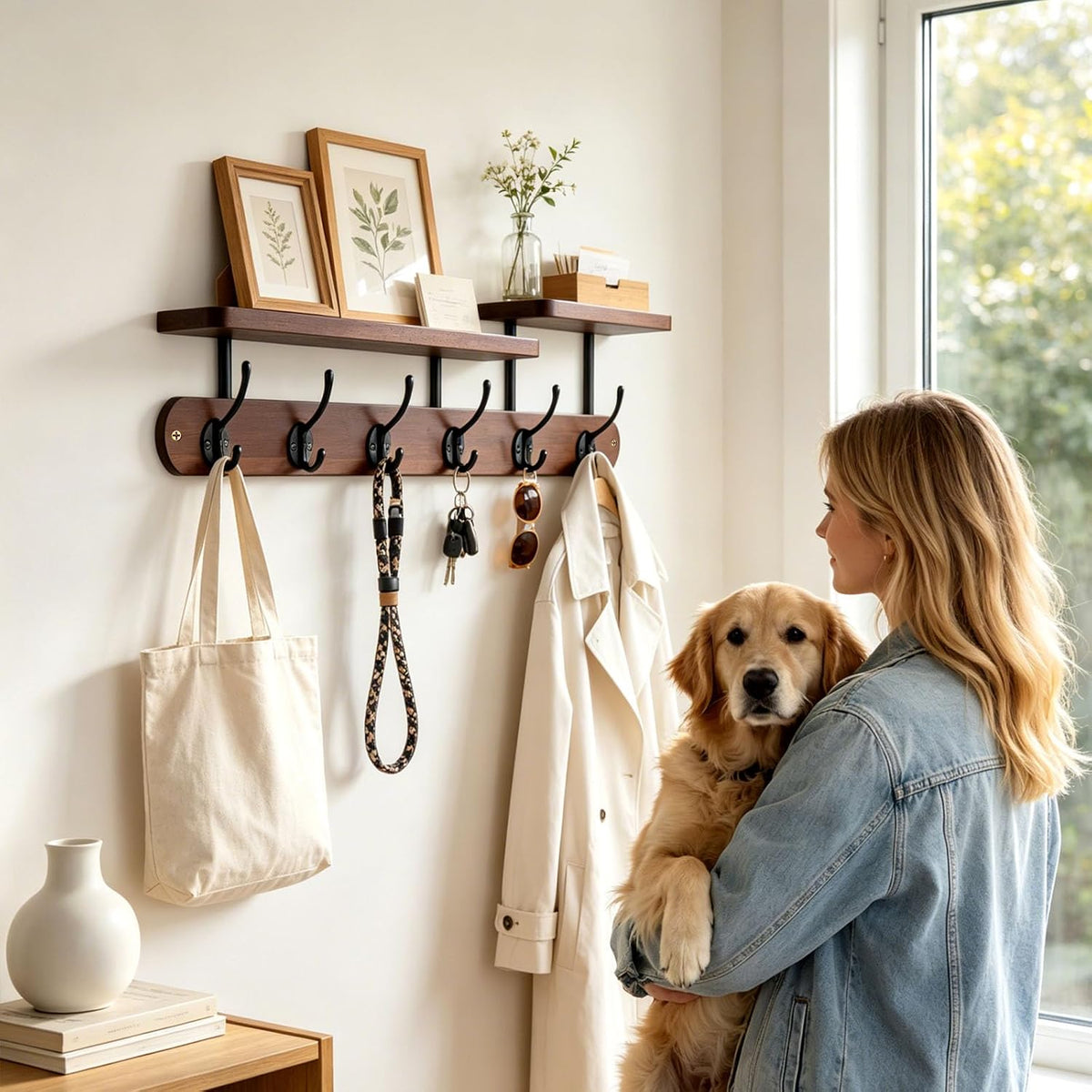 Wall Mount Coat Rack with Shelf, Rustic Brown