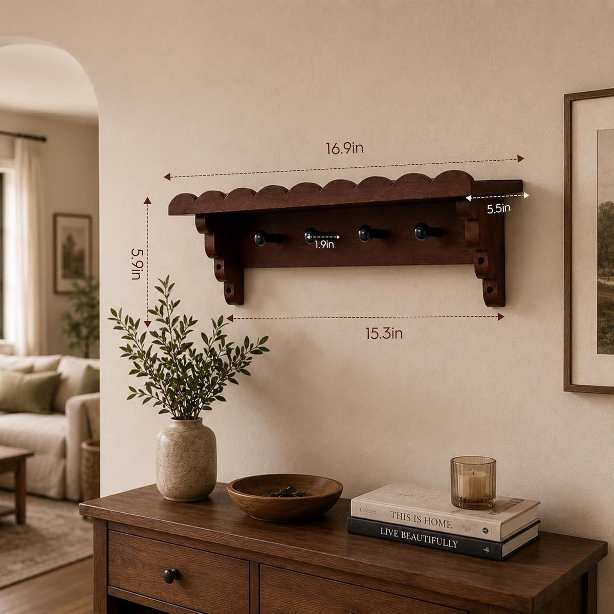 Wood Wall Coat Rack Shelf with 4 Hooks