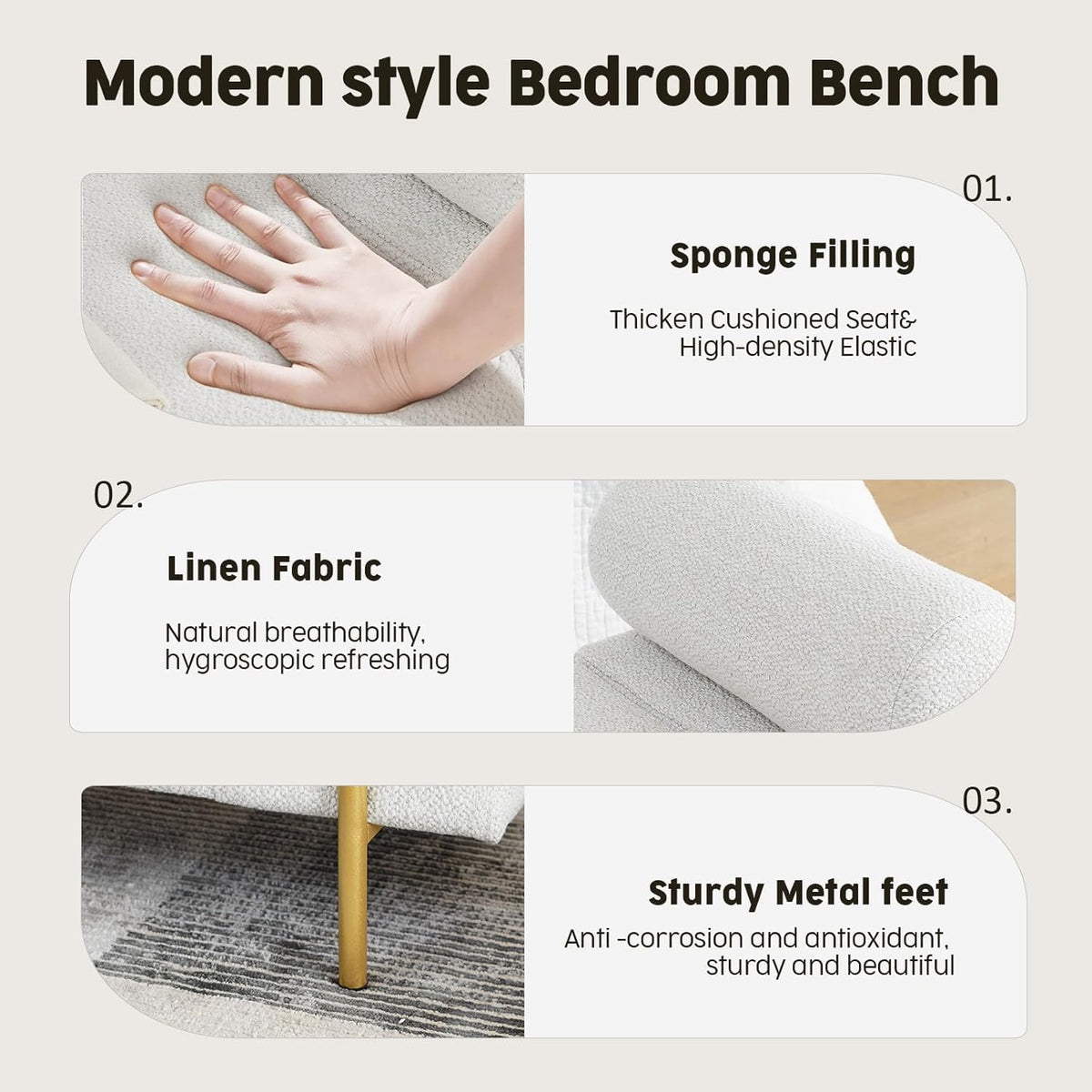 Modern Linen Storage Ottoman Bench with Gold Legs