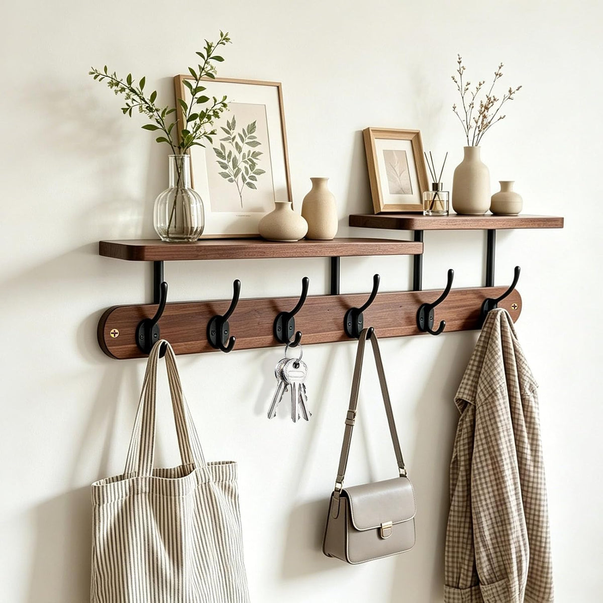 Wall Mount Coat Rack with Shelf, Rustic Brown
