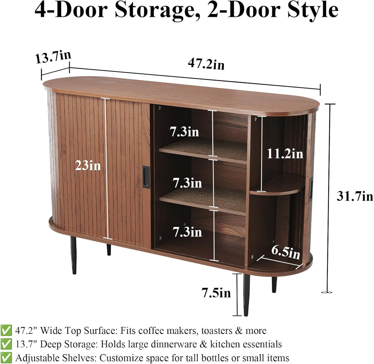 48" Brown Fluted Sliding‑Door Sideboard Cabinet