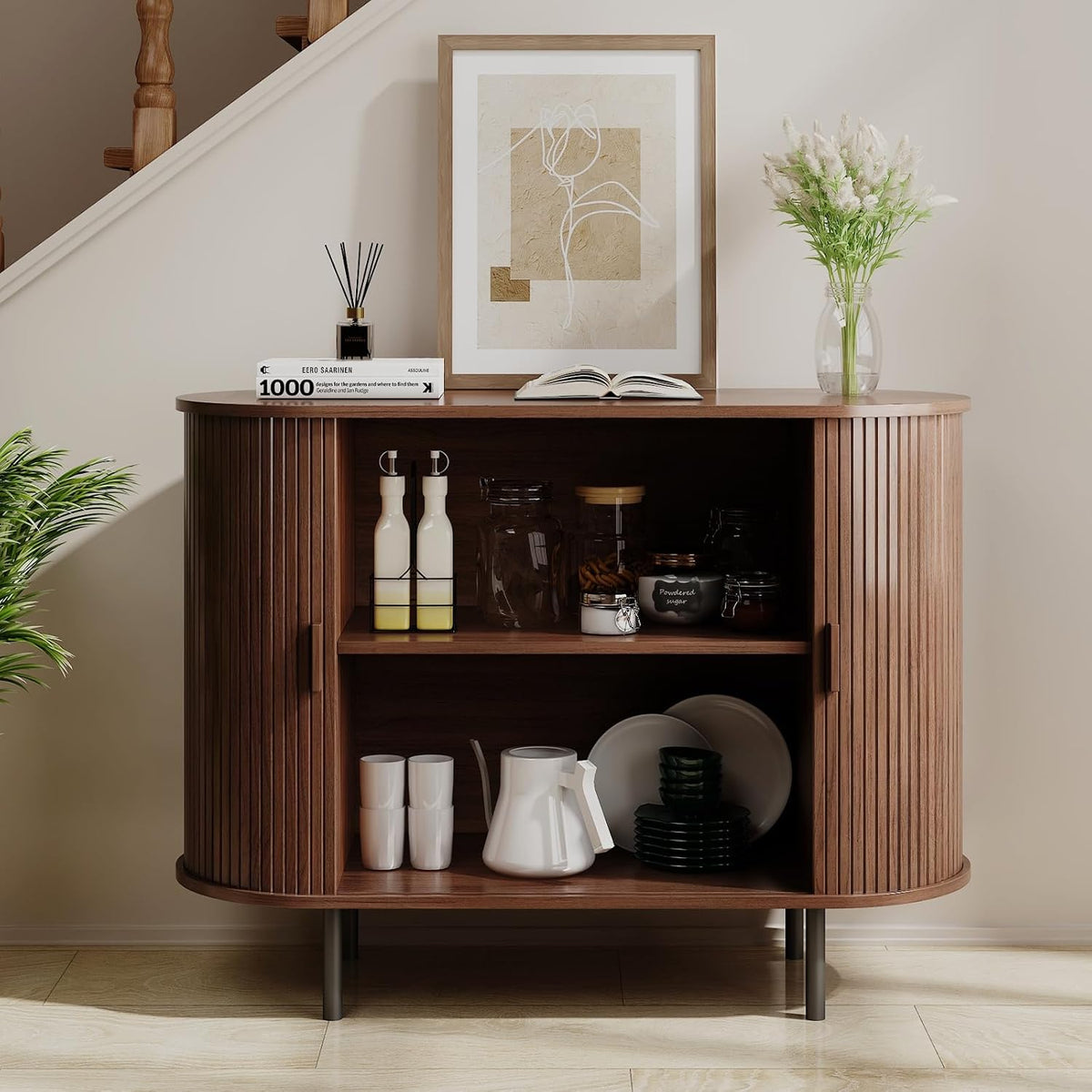 40" Walnut Fluted Sliding‑Door Sideboard Cabinet