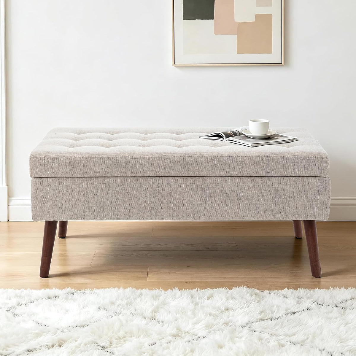 43.3" Beige Linen Tufted Storage Ottoman Bench