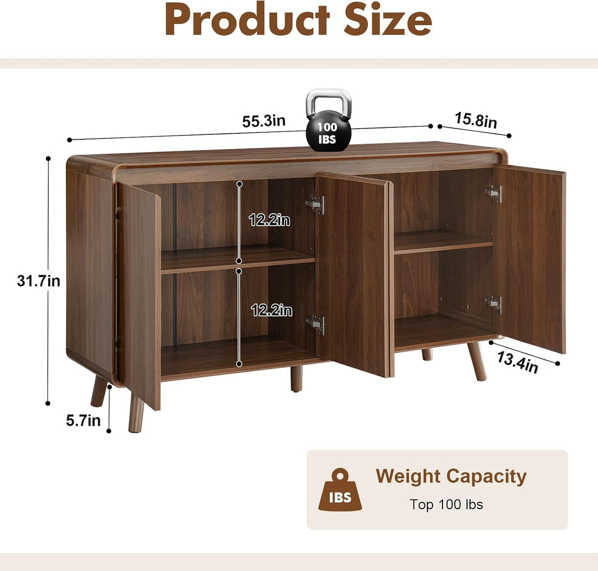 55" Walnut Retro Sideboard Buffet Cabinet