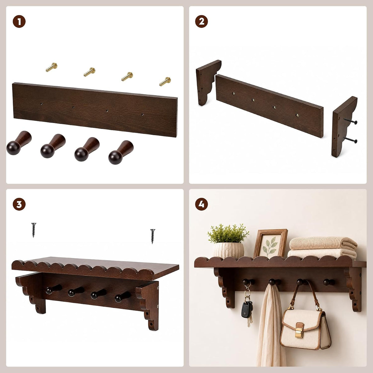 Wood Wall Coat Rack Shelf with 4 Hooks