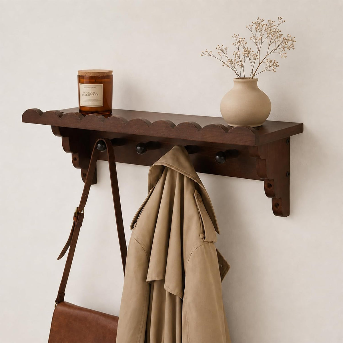 Wood Wall Coat Rack Shelf with 4 Hooks