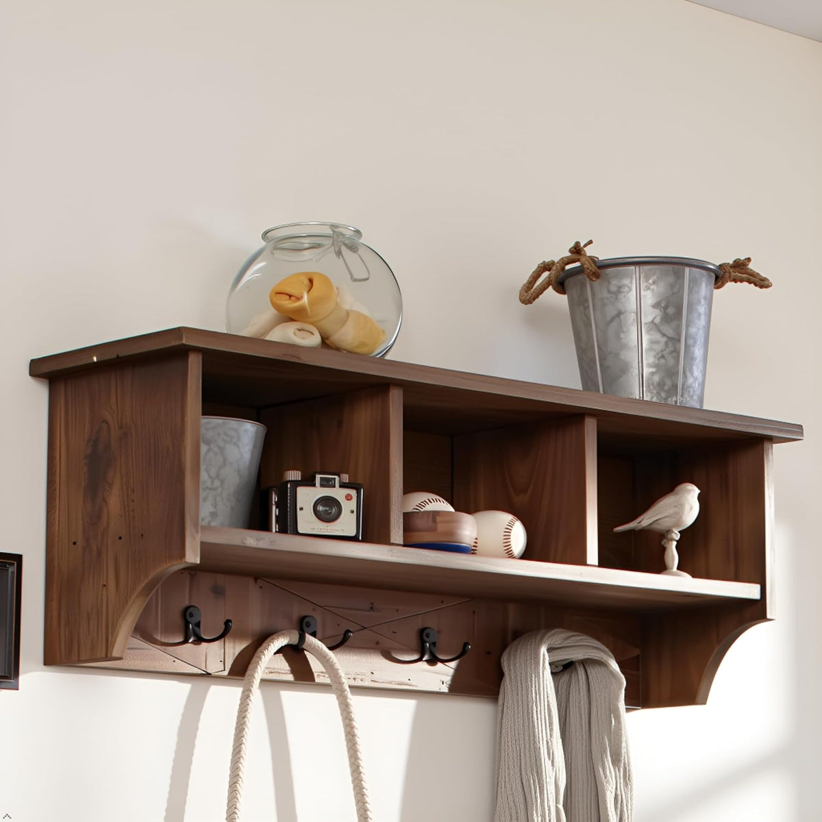 Solid Wood Coat Rack with Cubbies & Hooks