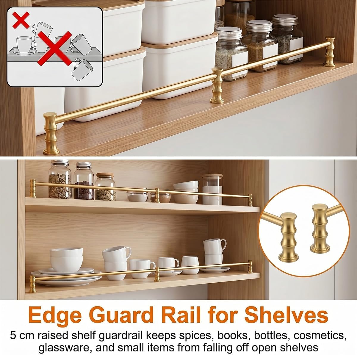 3‑Pack Brass Gallery Rails for Shelves