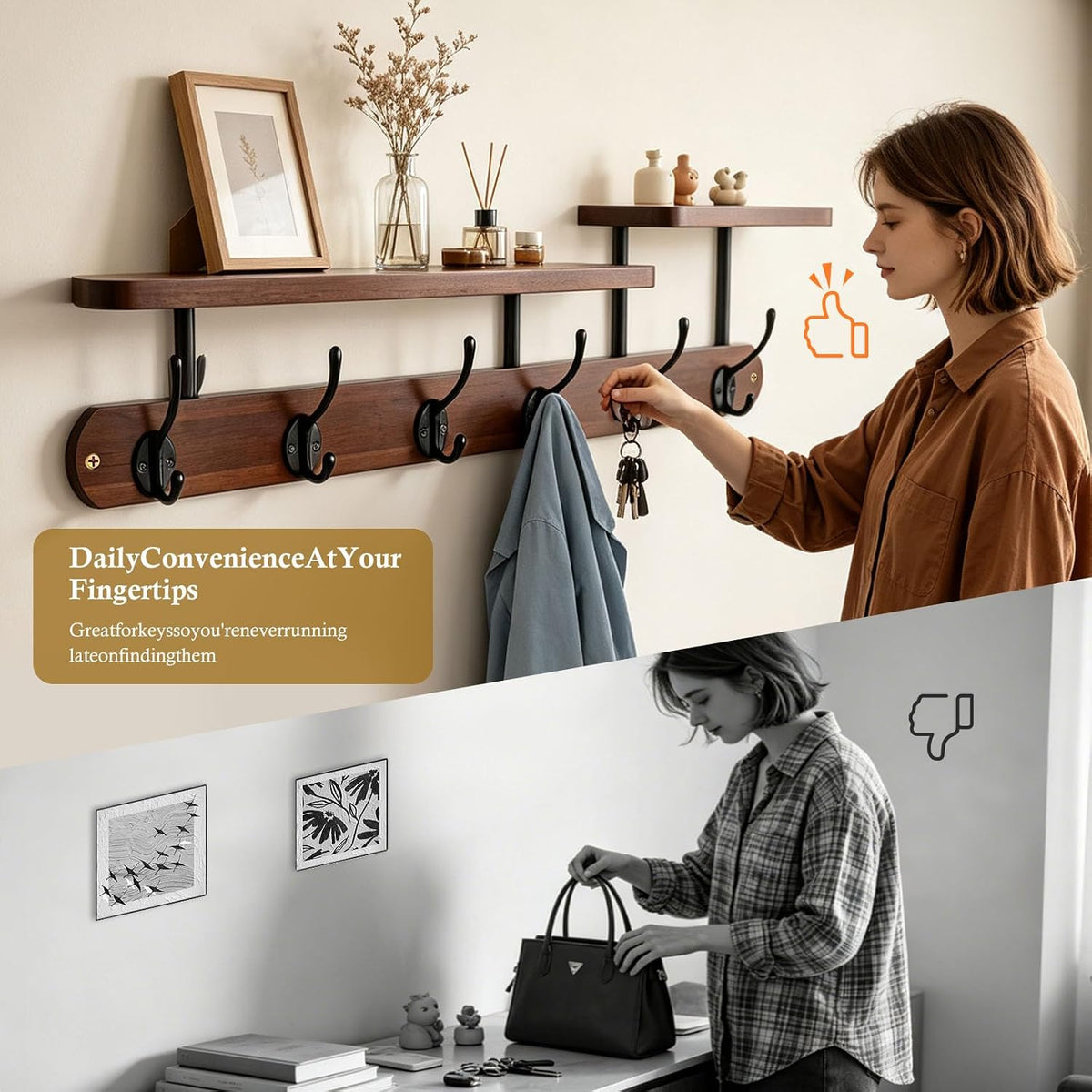 Wall Mount Coat Rack with Shelf, Rustic Brown