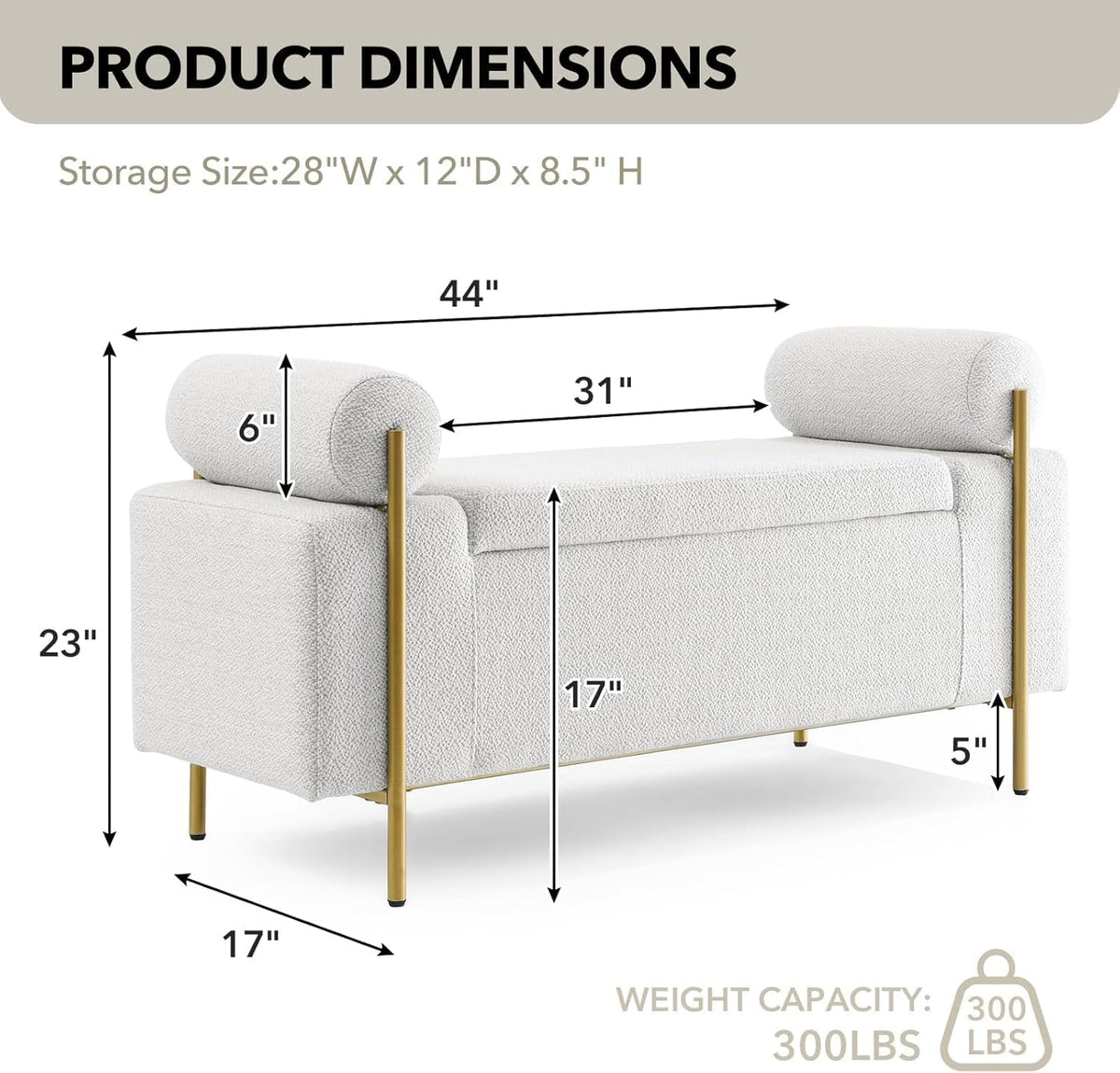 Modern Linen Storage Ottoman Bench with Gold Legs