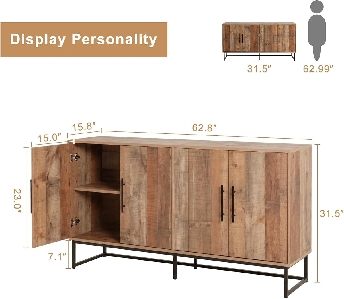 63" Mid‑Century Modern Wood Buffet Sideboard Cabinet