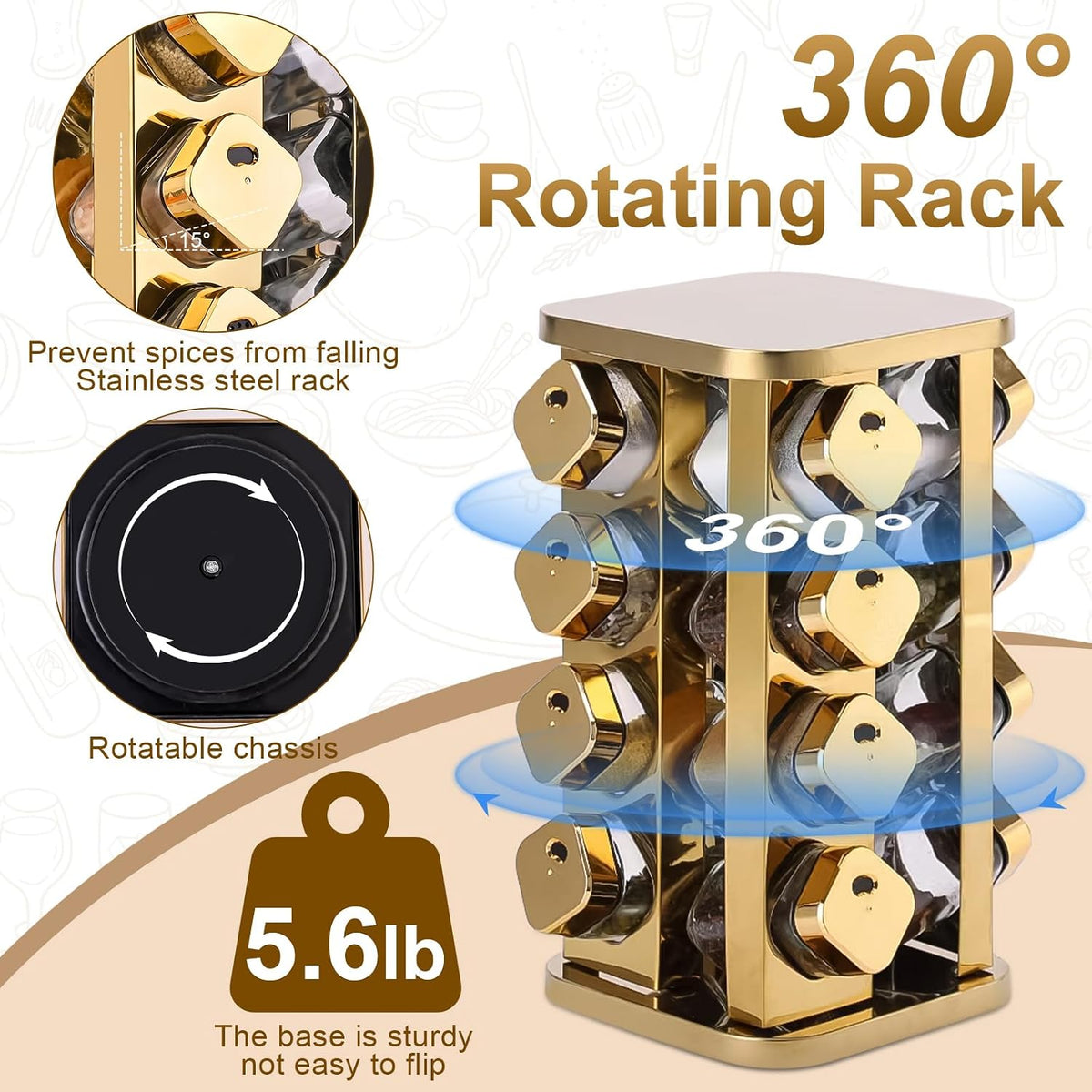 Stainless Steel Rotating Spice Rack with 16 Glass Jars