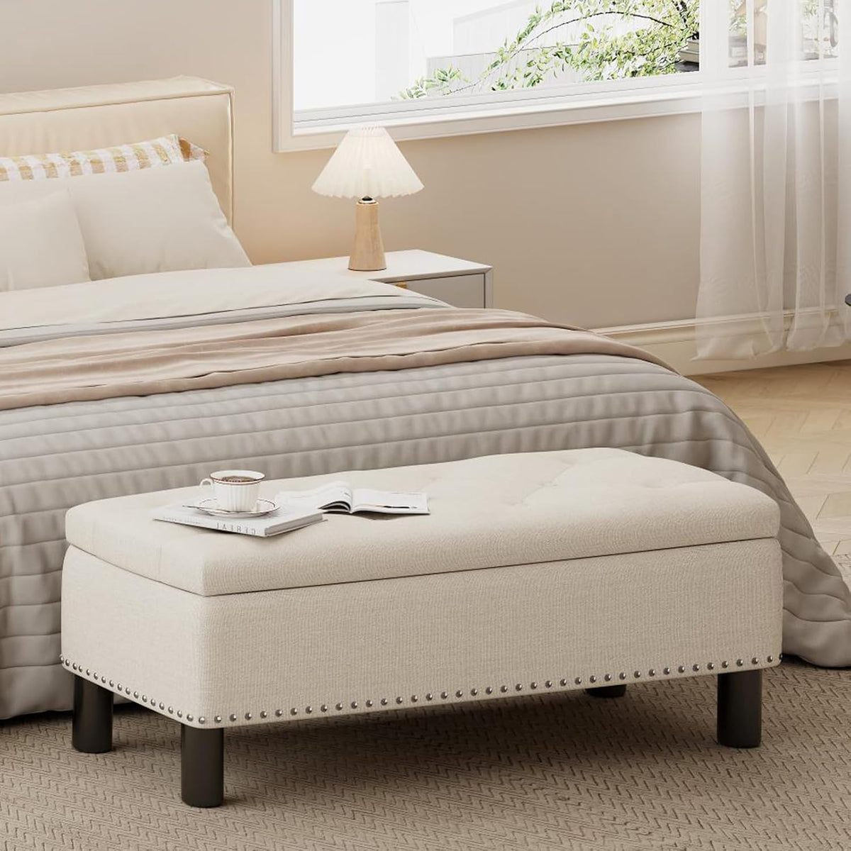 Beige Linen Large Storage Ottoman