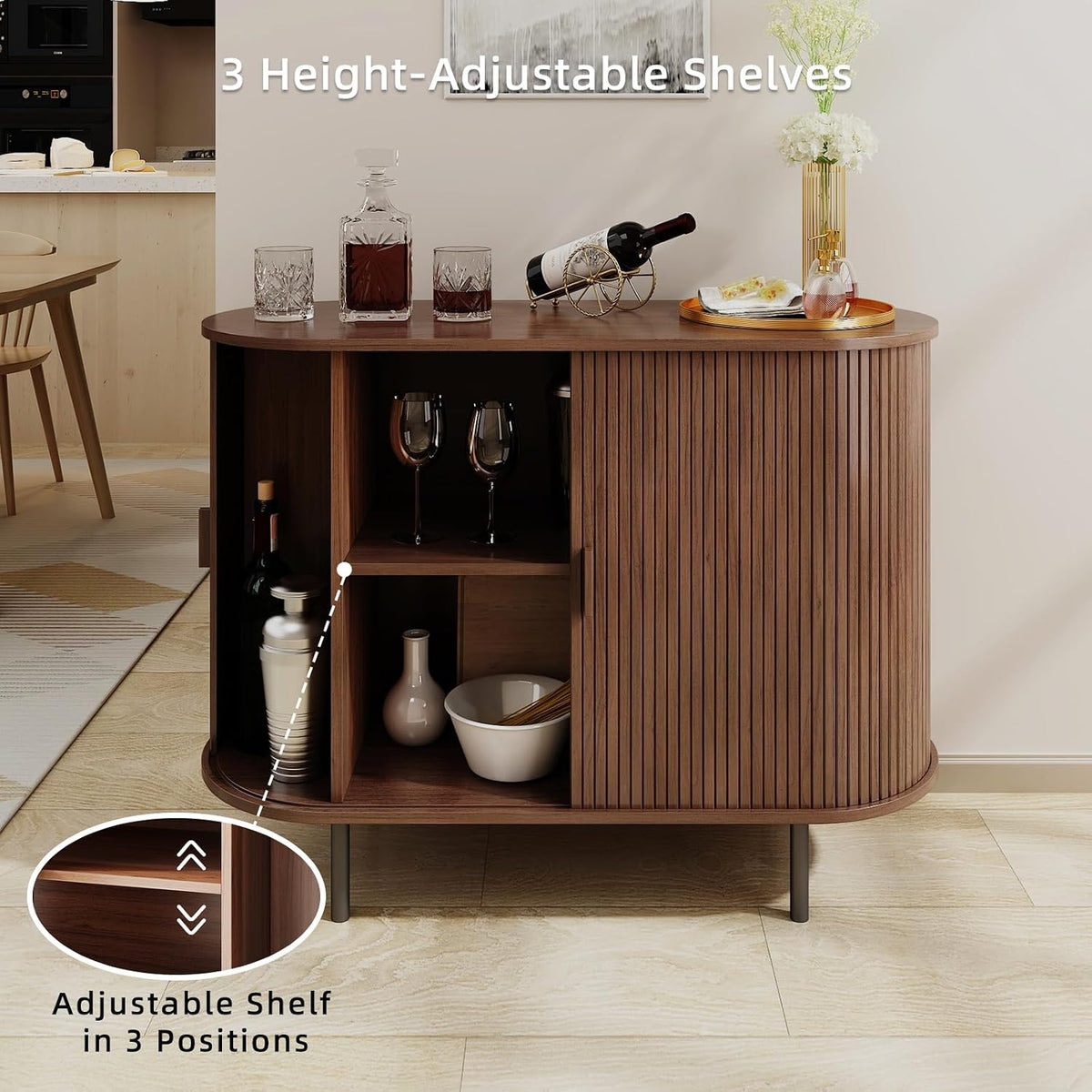 40" Walnut Fluted Sliding‑Door Sideboard Cabinet