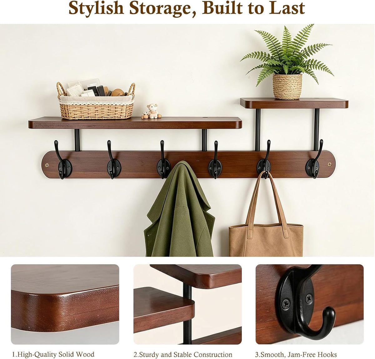 Wall Mount Coat Rack with Shelf, Rustic Brown