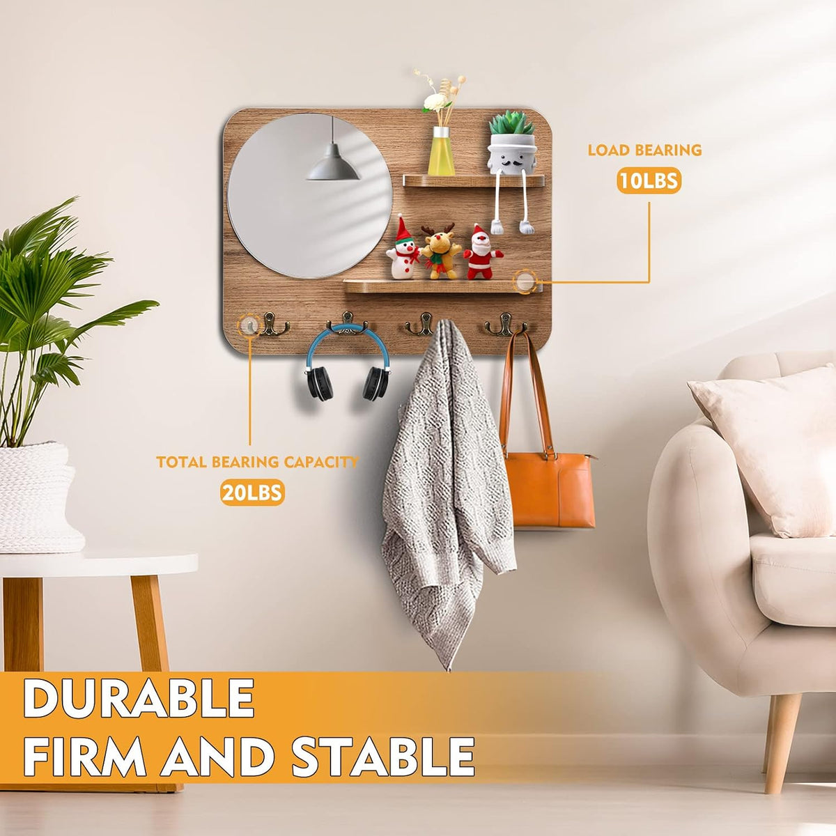 Wooden Key Rack with Mirror & Shelf