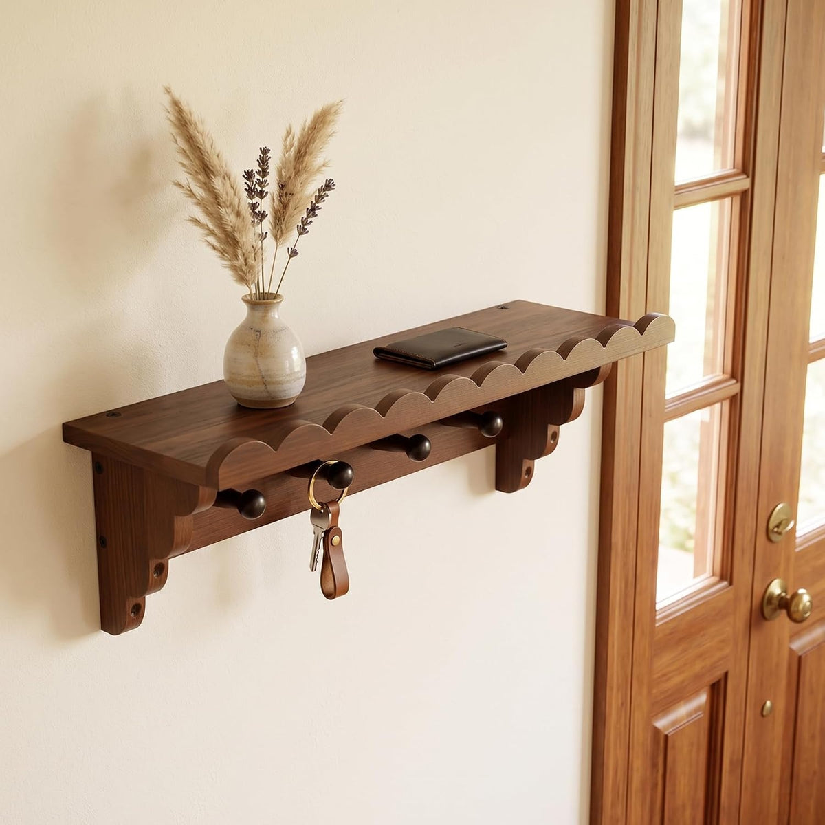 Wood Wall Coat Rack Shelf with 4 Hooks