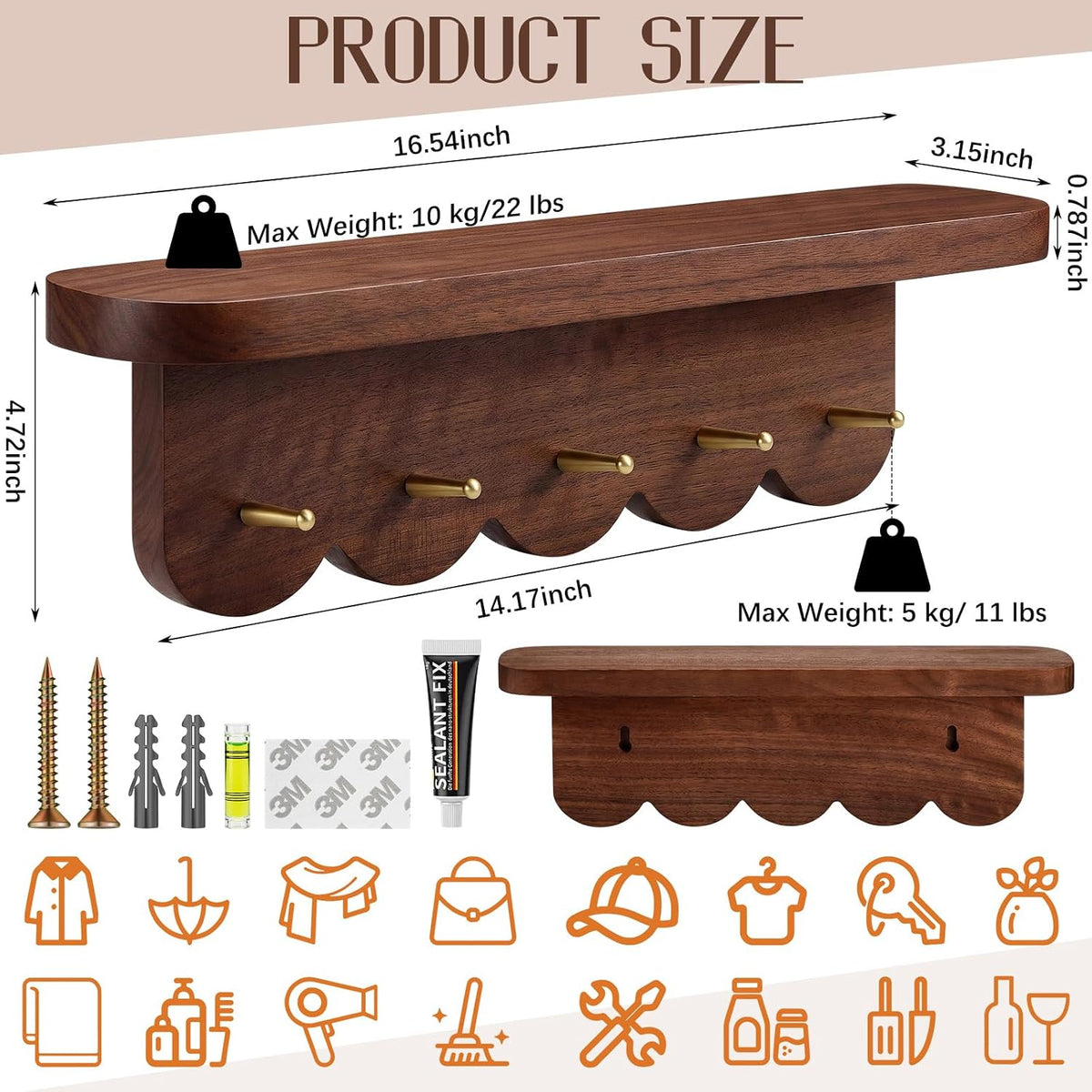 Wall Coat Rack Shelf with 5 Hooks